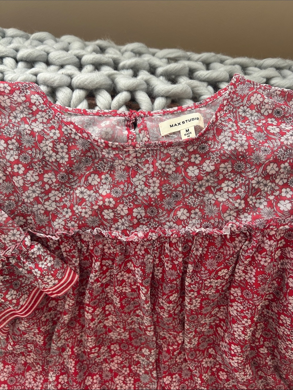 Max Studio Women’s Red Floral Ruffle Sleeve Blouse